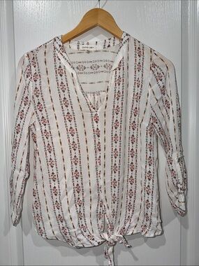 Olivia Grey Women's White Striped Tie-Hem Blouse floral pattern cottage core S